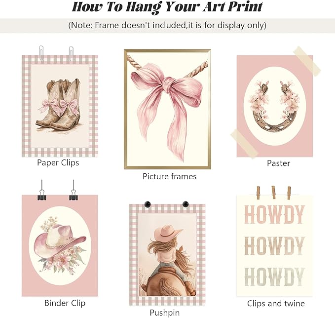 Western Cowgirl Nursery Wall Art Decor Vintage Girl Room Canvas Poster Pink Coquette Nursery Art Prints Preppy Aesthetic Pictures Bow Floral Boots Artwork for Girls Bedroom 8x10 Inch Unframed 6Pcs