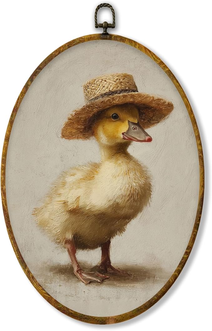 Hiuwevt Vintage Farmhouse Duck Round Wall Art Decor, Rustic Duck Framed Canvas Prints, Cottagecore Farm Animal Round Wall Hanging Decor for Home Bedroom Living Room Decorations, 8.6x11.4 Inches