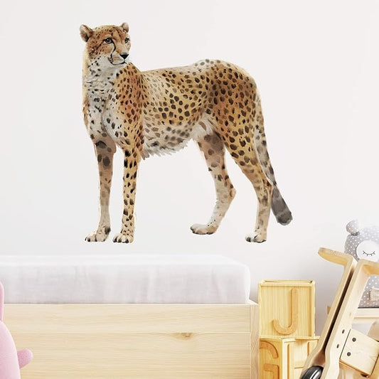 Lifelike Standing Cheetah Wall Decal Nursery Tropical Animal Leopard Wall Sticker Removable Peel and Stick Wall Art Decor Stickers for Kids Baby Classroom Preschool Living Room Bedroom School