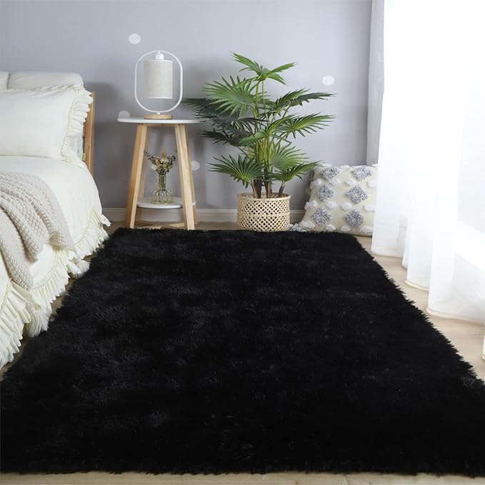 CAIYUECS Shag Area Rug,Indoor Ultra Soft Plush Rugs for Bedroom Living Room, Non-Skid Modern Nursery Faux Fur Rugs for Kids Room Home Decor (4x6 Feet, Black)