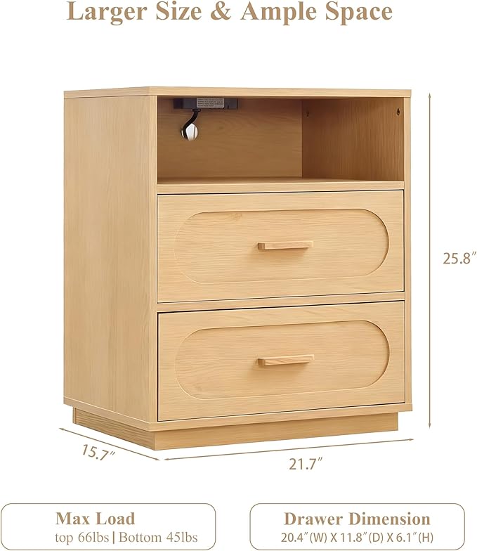 Nightstand Set of 2 with Charging Station, End Table with 2 Drawers Storage, Space-Saving Wood Storage Cabinet with Unique Base Design, Bedside Table for Bedroom, Living Room