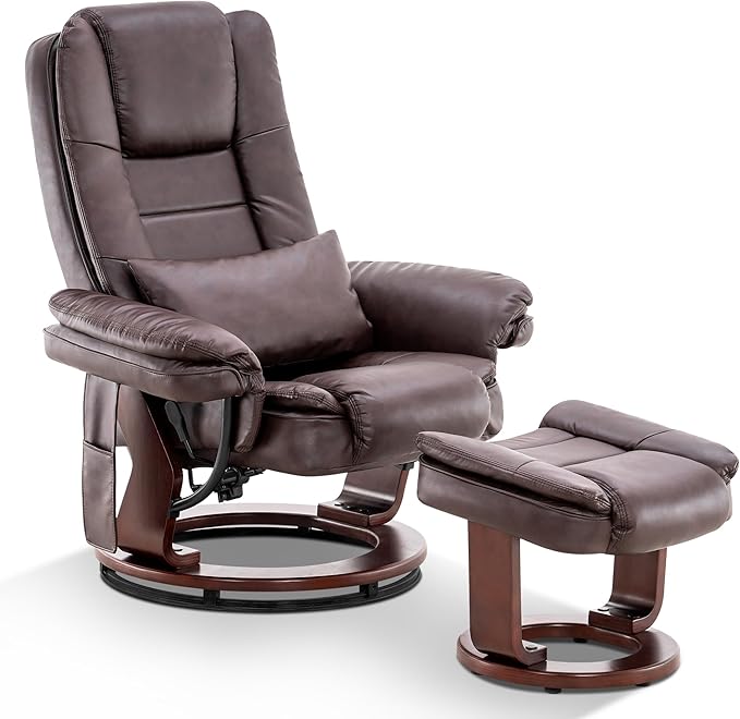 MCombo Swivel Recliner with Ottoman Chair, TV Chair Sets with Vibration Massage, for Small Space Living Room Bedroom 9096 9099 (Faux Leather, Dark Brown)