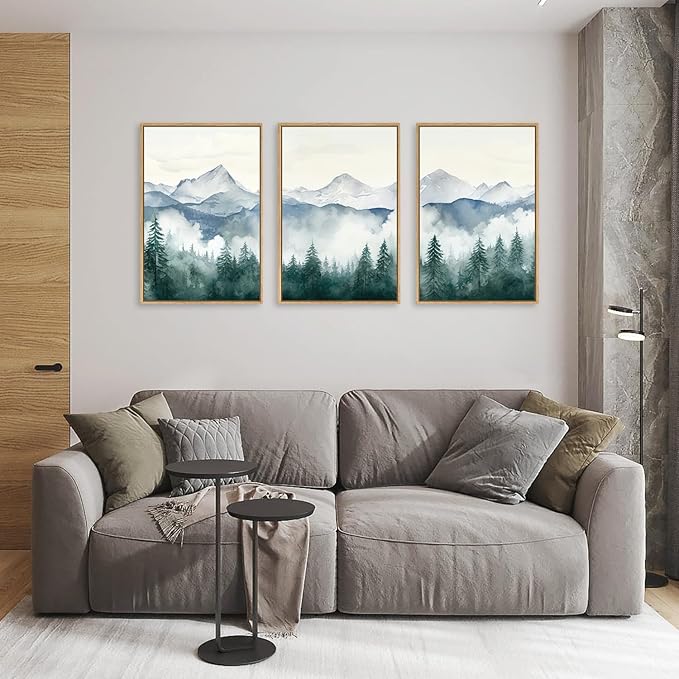 FWIEXA Mountain Framed Wall Art Set of 3, Large Mountains Canvs Pictures Wall Decor, Misty Forest Wall Painting, Foggy Nature Art Photos, 16x24 Inches for Living Room, Bedroom, Office, Home
