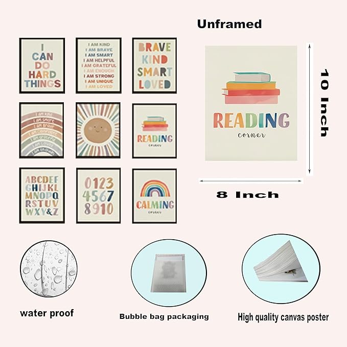 Baby Alphabet Wall Art Set of 9, Boho Rainbow Canvas Posters Prints, Kids Playroom ABC Positive Affirmation Wall Decor Paintings for Kids Room Playroom Nursery Home Decor 8x10In Unframed