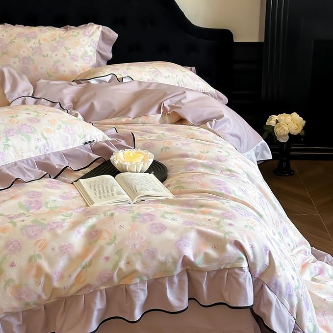 HighBuy Purple Floral Duvet Cover Twin XL Brushed Cotton,Ruffle Design 3 Piece Natural Cotton Soft Bedding Comforter Cover Set for Teen College Vintage Coquette Bedding Breathable