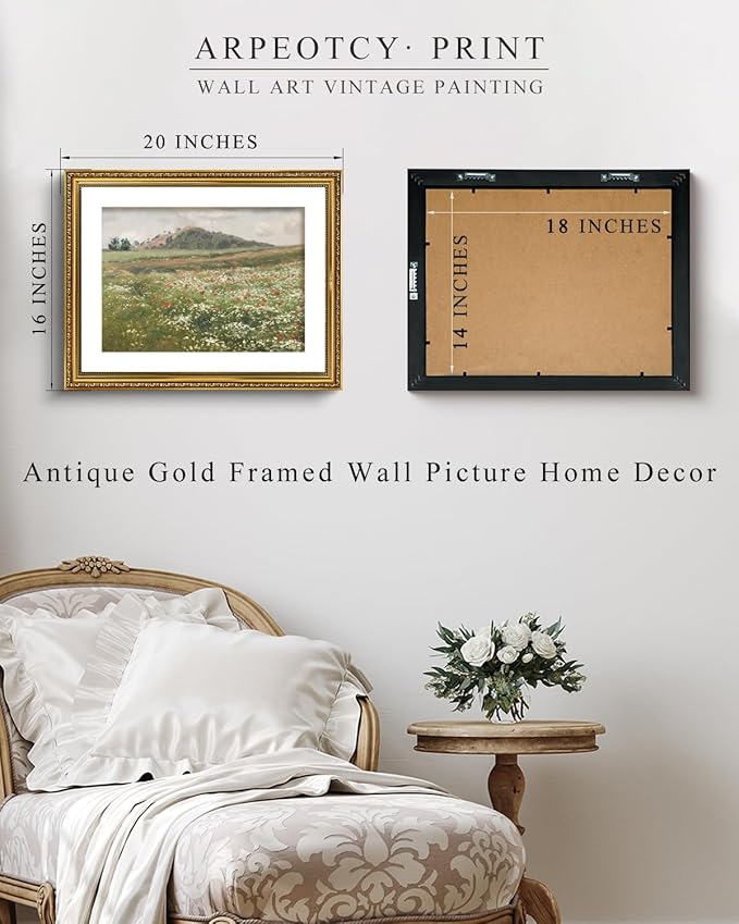 ARPEOTCY Vintage Gold Framed Large Wall Art, Fields with Wild Poppies Retro Paintings, Canvas Prints Artwork with Antique Frame, Victorian Wall Picture Decor for Gallery Living Room 16x20 inch