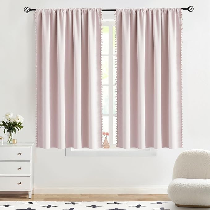 Pom-pom Pink Blackout Curtains for Bedroom 63inch Length Energy Efficient 100% Full Blackout Window Panels for Baby Girls Nursery Living Room Adorable Rod Pocket Drapes 2pcs 52"w Rod Pocket