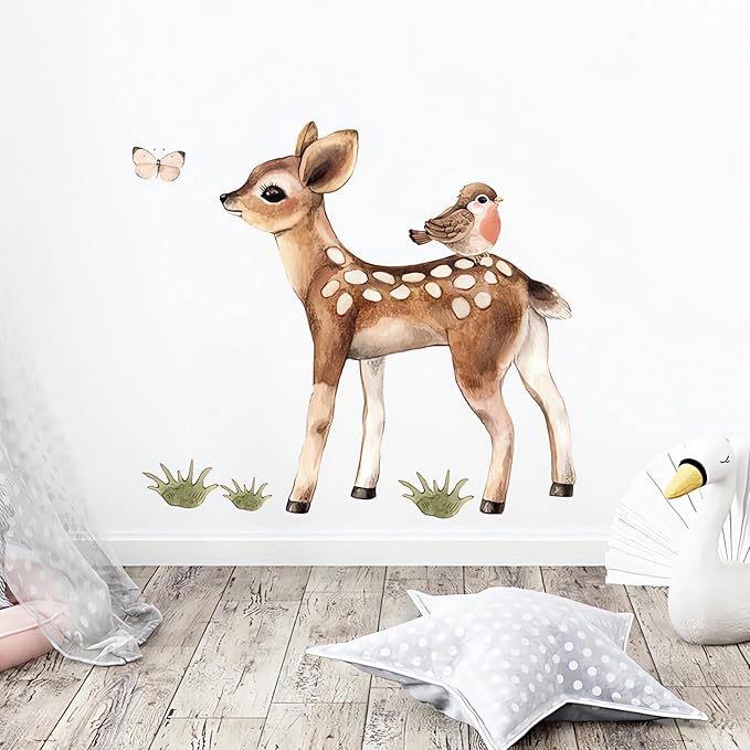 Cute Fawn and Bird Butterfly Deer Wall Stickers, sacinora Cartoon Jungle Animals Wall Decals Removable Vinyl Peel and Stick for Kids Baby Nursery Living Room Bedroom Children's Room Art Decorations