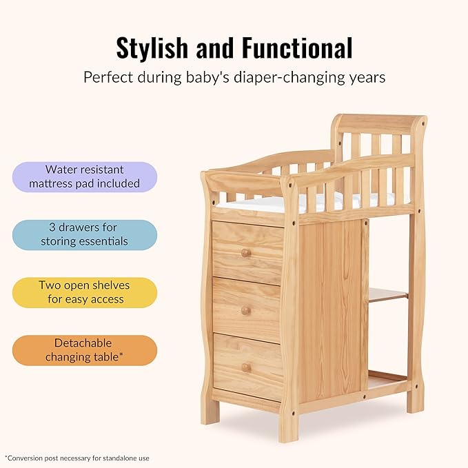 Dream On Me Jayden 4-in-1 Mini Convertible Crib And Changer in Natural, Greenguard Gold Certified, Non-Toxic Finish, New Zealand Pinewood, 1" Mattress Pad