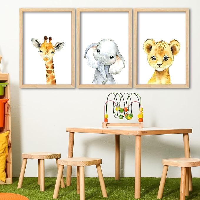 Surfapans Nursery Cute Animal Sign Wall Decor 24"x16" Set of 3 Lion Giraffe Elephant Prints Wooden Framed for Baby Child Children's Room Wall Art (Wood)