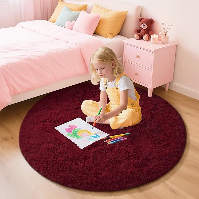 EVOIONOS Burgundy Round Rug for Bedroom, 4x4 Ft Fluffy Soft Circle Area Rugs for Living Room, Plush Shaggy Circular Carpet for Indoor Floor Bedside Kids Nursery, Machine-Washable Home Decor Aesthetic