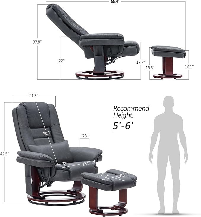 MCombo Swivel Recliner with Ottoman Chair, TV Chair Sets with Vibration Massage, for Small Space Living Room Bedroom 9096 9099 (Faux Leather, Dark Grey)