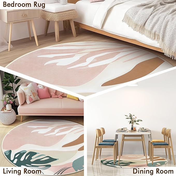 4' Machine Washable Round Area Rug, Non-Slip Abstract Boho Circle Floor Rugs for Kids, Low Pile Room Carpet for Living Room, Bedroom, Dining Room & Nursery(4' Pink Green)