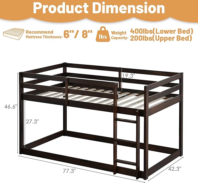 Bunk Bed Twin Over Twin, Wood Low Profile Floor Twin Bunk Beds with Ladder Guardrails for Kids Boys and Girls, No Box Spring Needed
