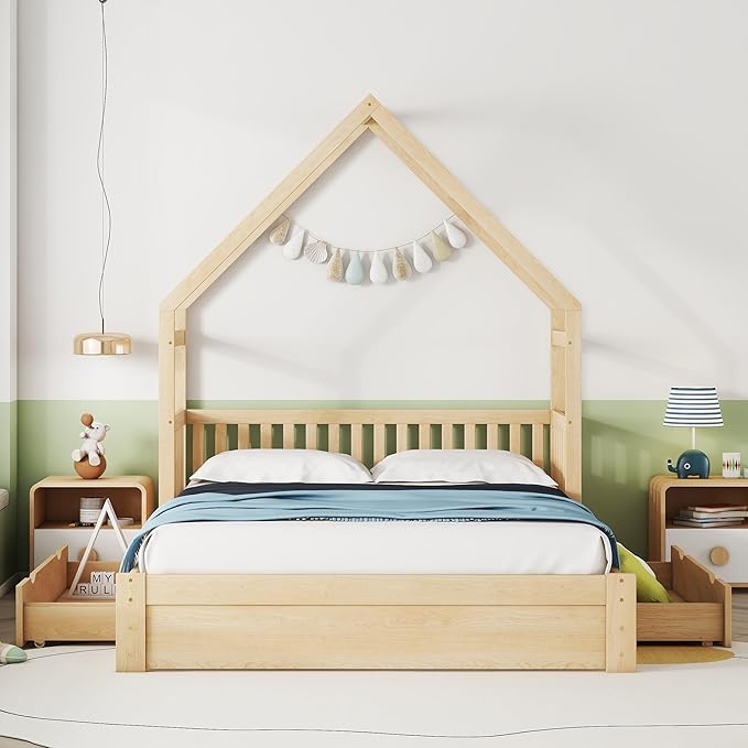Wood Queen Size House Platform Bed with Safety Fence, Montessori Platform Bed with House Shape Headboard and 2 Drawers for Kids Boys Girls, Sturdy Slats Support (Natural-Q)