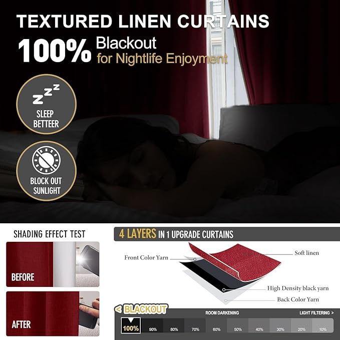 IVAPUPU Linen Pinch Pleated Blackout Curtains for Bedroom - Full Black Out Red Curtains 95 Inch Long 2 Panel for Living Room Darkening Thermal Window Curtain Drapes for Christmas Decor