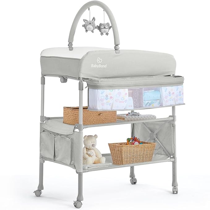Portable Baby Changing Table, BabyBond Foldable Changing Table Dresser Waterproof Diaper Changing Table Height Adjustable Changing Station for Infant and Newborn(Beige)