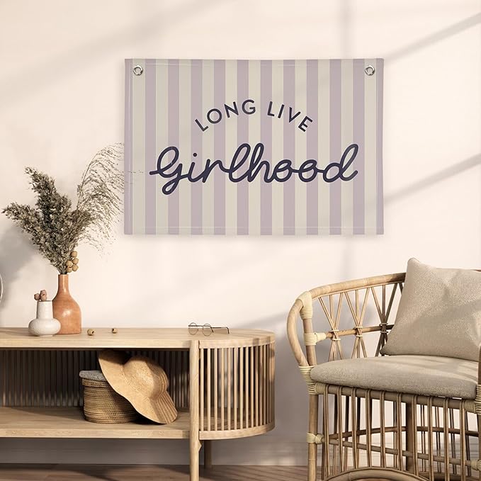 Girls Room Decor Long Live Girlhood Banner, Vintage Purple Stripes Flag Banner Nursery Playroom Wall Decor for Girls Bedroom Dorm Toddler Decorations Teen girls room decor 30x20,lk