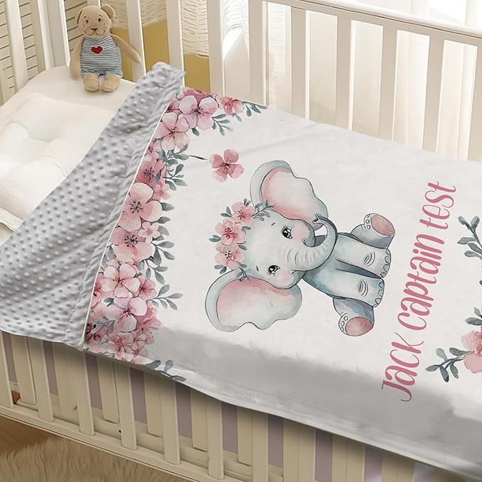 Personalized Baby Blankets for Girls Boys, Custom Elephant Baby Blanket with Name for Kids, Flannel Bed Throw Blanket for Newborn, Customized Baby Gifts for Baby Shower Nursery Blanket(60"x80)
