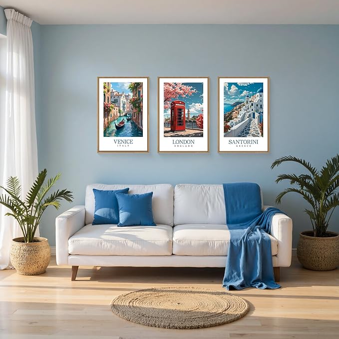 HLNIUC Italy Coast Wall Art Framed, Blue Europe Cityscape Italian Wall Decor set of 3 (16"x24"), Venice London Santorini Travel Landmark Beach Canvas Painting for Living Room, Bedroom, Office