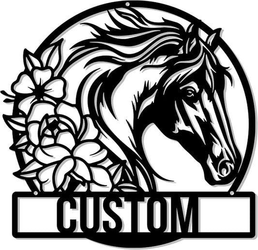 Personalized Horse Flower Wall Decor,Housewarming Gifts,Horse Silhouette Wall Art,Horse Flower Metal Ranch Sign, Animal Signage, Farmhouse Garden Wall Outdoor Decor