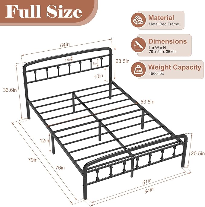 Metal Full Size Bed Frames with Headboard, 1500 Lbs Heavy Duty Bed Frames Noise-Free Design & 12" Underbed Storage,No Box Spring Needed/Tool-Free 30 Mins Assembly