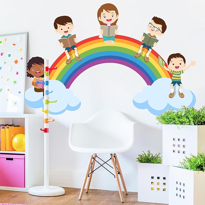 Kids Wall Decals Large Rainbow Wall Stickers for Nursery, Educational Reading Corner Decor Posters Cloudy Rainbow Student Reading Wall Art Murals for Kids Room Playroom Classroom