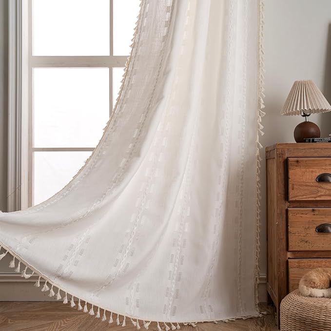 Deeprove Cream White Boho Curtain 84 inches Length for Living Room Bedroom Nursery Doorway, Cream Bohemian 84 inches Long, Chic Stripe Embroidery Privacy Window Fringe Decor W52 x L84, 1 Panel