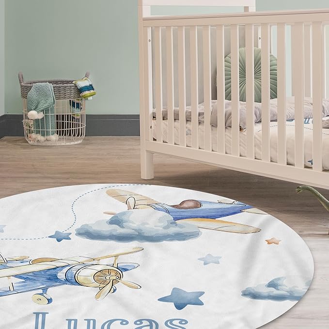 Custom Baby Crib Bedding Set,Personalized Name Toy Airplane Pattern Nursery Bed Set 4 Piece,Baby Blanket Fitted Sheet Nursery Rug Wall Art Set,Custom Room Decor Idea Gift for Newborns Boys Girls