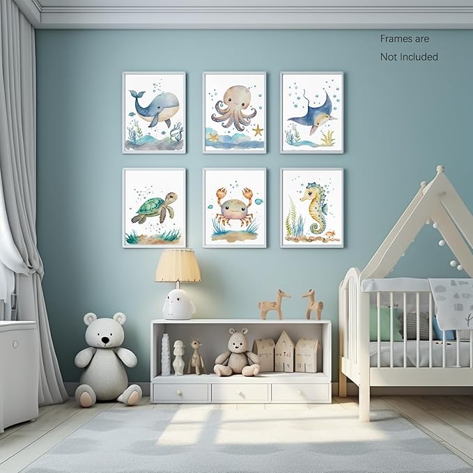 Wodkwq Nursery Wall Art Sea Animal Canvas Prints Baby Girl Boy Room Decor Watercolor Paintings Pictures Cute Ocean Theme Toddler Room Decoration Set of 6 for Kids Bedroom Bathroom 8x10in Unframed