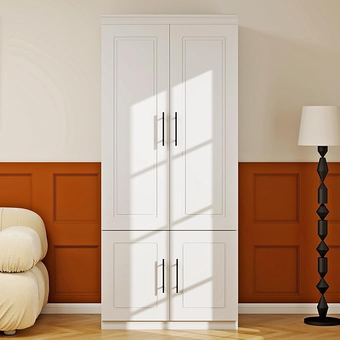 Armoire Wardrobe Closet with 2 Door, White Wood Wardrobe Closet Cabinet Wooden Bedroom Armoire with Hanging Rods & Shelves for Home/Bedroom/Living Room Style-52
