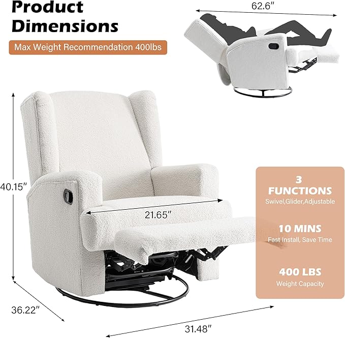 UIXE Swivel Glider Recliner Chairs Set of 2, Boucle High Back Accent Chair Nursery Rocker for Living Room, Upholstered Manual Reclining Sofa Seating with Deep Seat - Beige