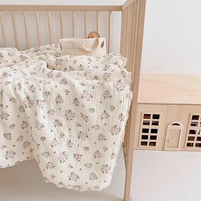 BuLuTu Purple Flower Baby Quilts for Kids Muslin Comforter Large Thin Summer Quilt for Crib/Cradle/Cot, 2-Layer Muslin Toddler Blanket Purple Perilla Pattern, 47x59 Inch