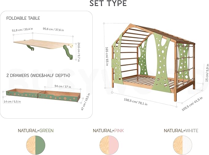 BUSY WOOD Monkey Bed – Twin Frame with Storage & Desk – Montessori Indoor Gym for Kids – Jungle Playground with Drawers & Foldable Table