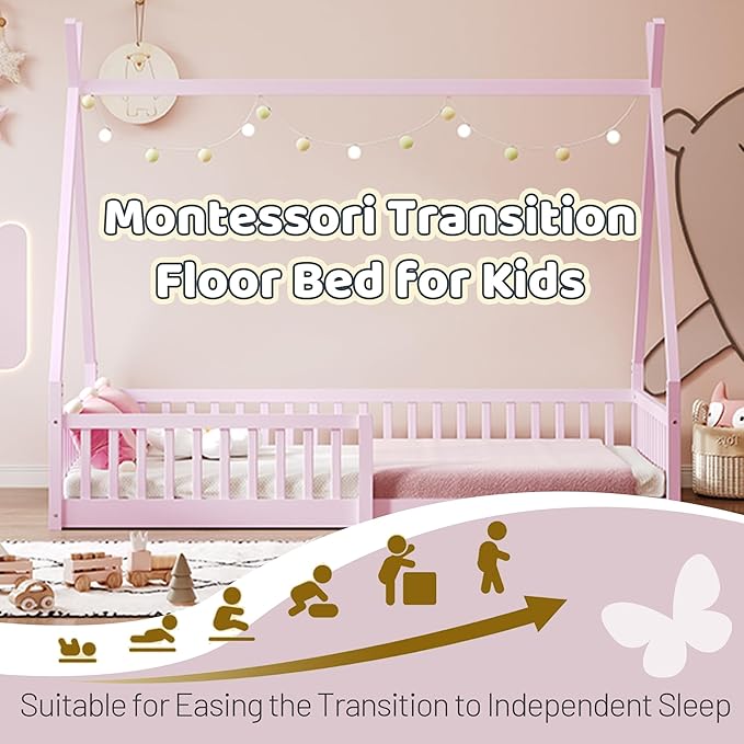 Twin House Bed with Fence Rails, Wood Montessori Floor Bed with Slats Support, Twin Size Teepee Tent Beds Kids Bed Frames for Girls Boys,Pink