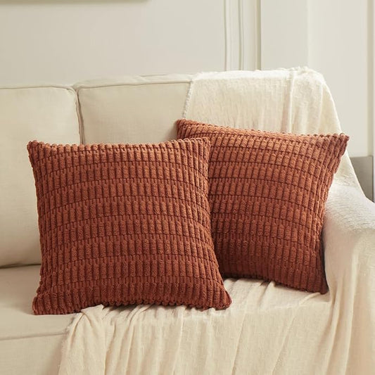 Fancy Homi 2 Packs Rust Decorative Throw Pillow Covers 26x26 Inch for Living Room Couch Bed Sofa, Terracotta Rustic Farmhouse Boho Home Decor, Soft Striped Corduroy Square Cushion Case 66x66 cm