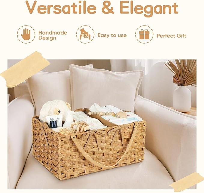 Diaper Caddy Organizer, Hand Rattan Nursery Storage Basket for Baby Essentials, Baby Changing Table Organizer Perfect Nursery Assistant, Easy Assemble