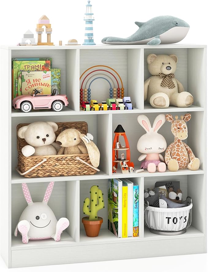 Costzon 8-Cube Bookshelf for Kids, Wooden Toy Storage Organizer w/ 2 Anti-Toppling Kits, 3 Tier Open Shelves & Non-Slip Foot Pads, Montessori Toy Shelf for Kids Rooms, Playroom, Classroom, Nursery