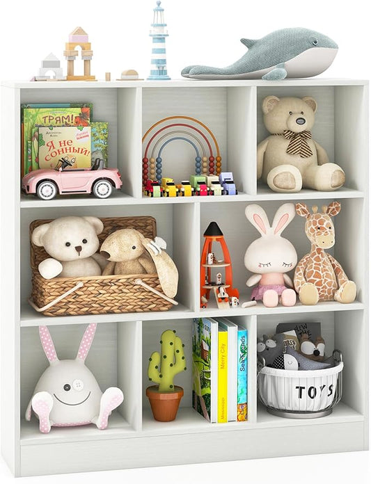 Costzon 8-Cube Bookshelf for Kids, Wooden Toy Storage Organizer w/ 2 Anti-Toppling Kits, 3 Tier Open Shelves & Non-Slip Foot Pads, Montessori Toy Shelf for Kids Rooms, Playroom, Classroom, Nursery