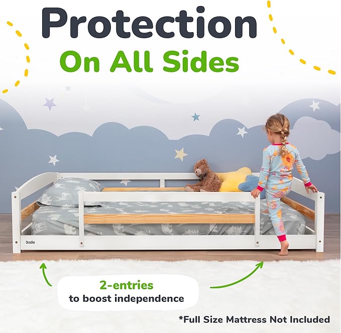 Ocodile Full Size Montessori Floor Bed for Kids - Strong Slatted Bed Frame with Full Rails - Ideal for Little Girls and Boys - White