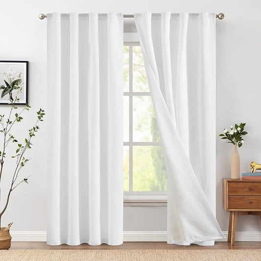 jinchan Linen Curtains with Privacy Lining 84 Inch Length White Farmhouse Closet Lined Drapes for Small Narrow Window Bedroom Living Room Bay Window 2 Panels Rod Pocket Back Tab