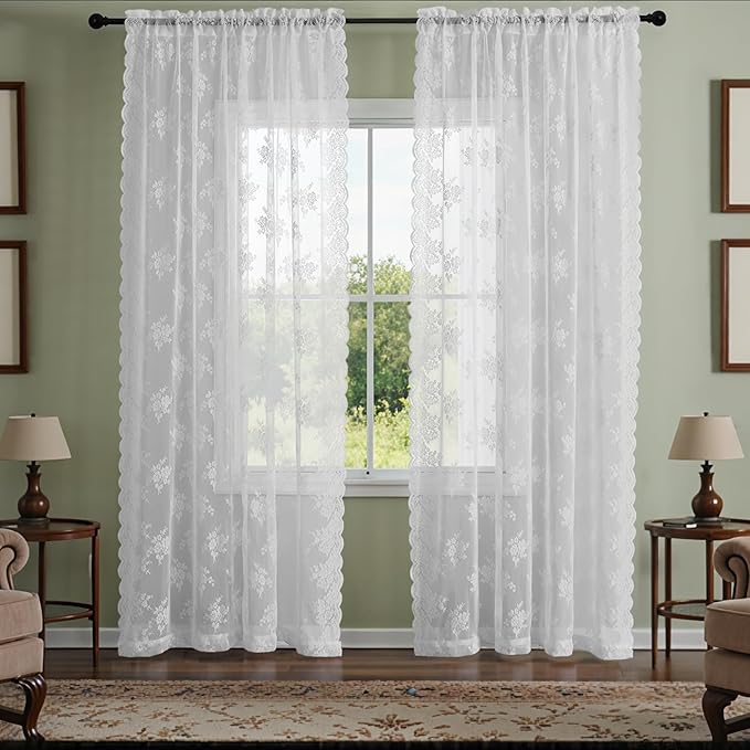 Kotile Lace Curtains 84 Inches Long 2 Panels, W52 x L84 Inch, Cottagecore Rustic Floral Vintage Sheer Lace Curtains for Living Room, Rod Pocket Light Filtering Privacy Window Sheer Curtain for Bedroom