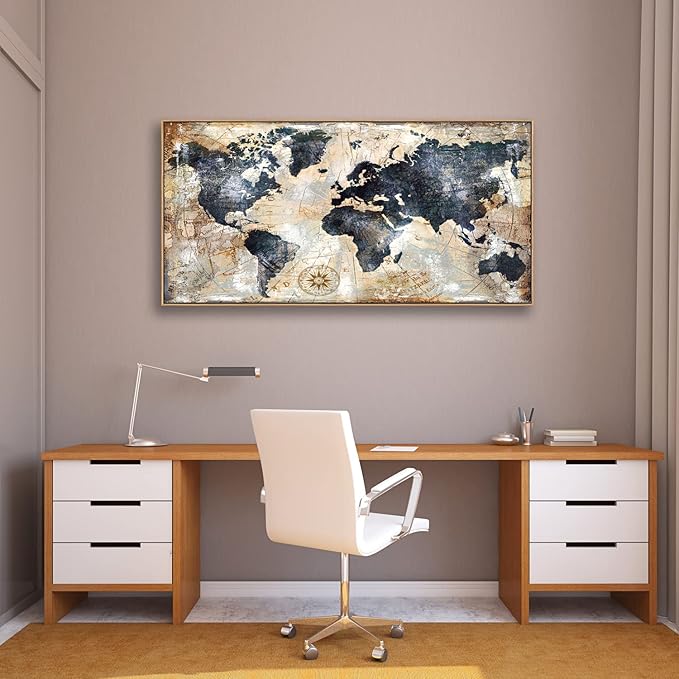 Tucai Decor Framed Wall Art World Map Wall Art Print Picture Decor Home Interior - Map Picture for Office Decor Travel Memory Nautical Map Canvas Artwork 20 x 40 inch Ready to Hang (Framed)