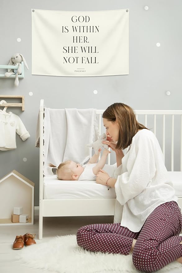 Christian Bible Verse Scripture Rectangular Banner Flag Wall Decor Gift for Baby Boy Girl Kids,Prayer Room Nursery Bedroom Reading Room Decor-God is Within Her She-Baby,Shower Birthday Christmas Gift