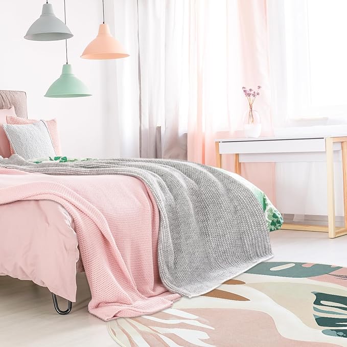 4' Machine Washable Round Area Rug, Non-Slip Abstract Boho Circle Floor Rugs for Kids, Low Pile Room Carpet for Living Room, Bedroom, Dining Room & Nursery(4' Pink Green)