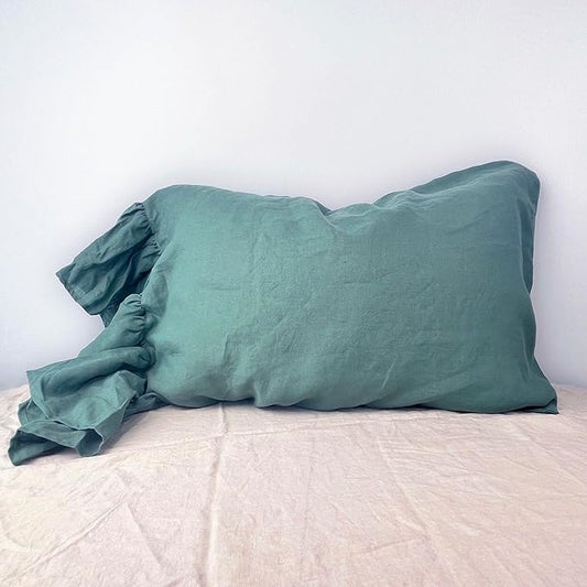 Green Ruffles Linen Pillowcase, 100% French Linen Pillow Cover, King Size 1 Piece Farmhouse Shabby Chic Pillow Case, 20''x36'' Pillowcase with Decorative Ruffle Envelope Closure
