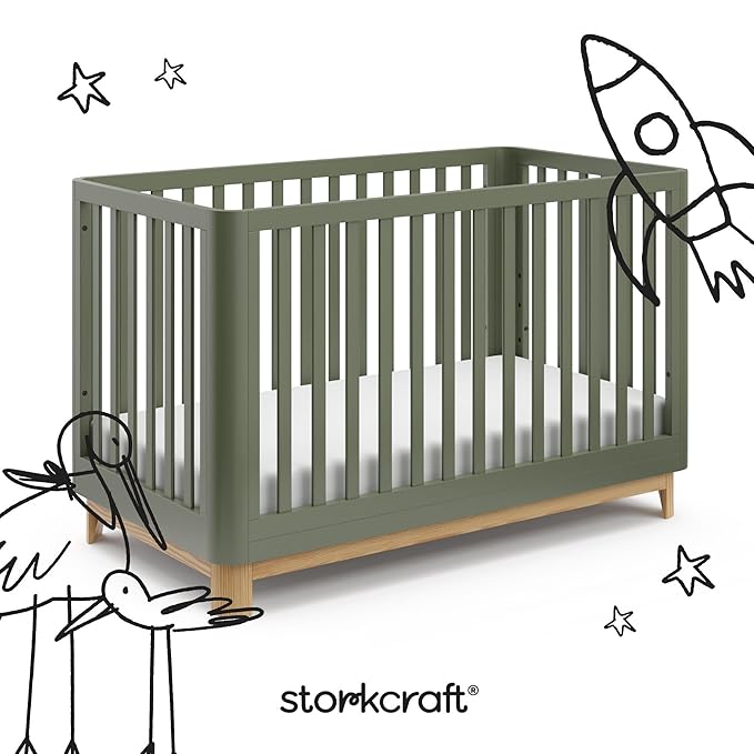 Storkcraft Santos Convertible Crib (Olive & Natural) – GREENGUARD Gold Certified, Fits Standard Crib Mattress, Converts to Toddler Bed and Daybed, 4 Adjustable Mattress Heights, Rounded Edges