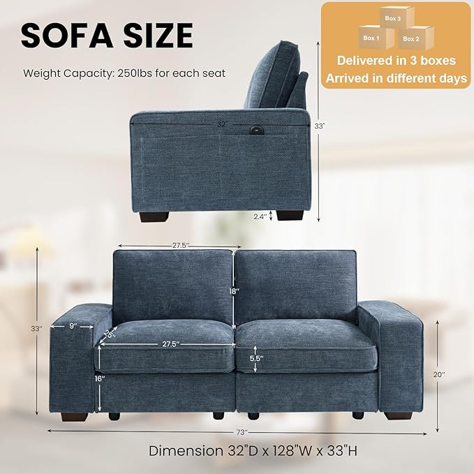 TEKAMON 73" Modular Sofa Couch with Seat Storage, Comfy 2-Seater Chenille Fabric Loveseat Sofa for Living Room, Office, Apartment W/Deep Seat, Wide Armrest,Pockets, USB Charging Removable Cover(Blue)