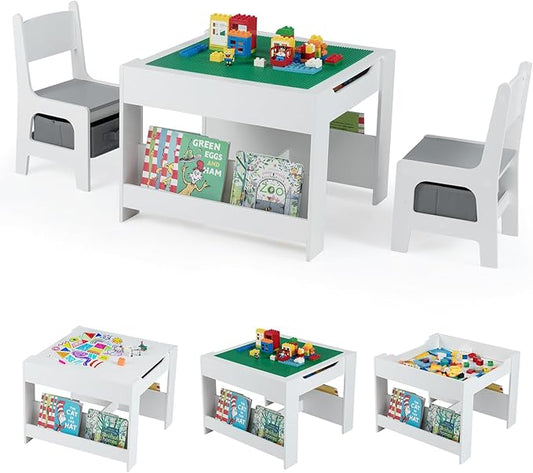 Costzon 4 in 1 Kids Table and Chairs, Wooden Toddler Activity Desk Set w/Reversible Graffiti & Building Blocks Tabletop, Storage Drawers and Bookshelves for Drawing, Reading, Crafts (Gray)