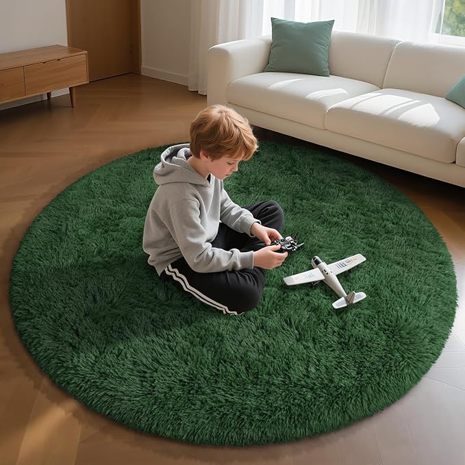 EVOIONOS Green Round Rug for Bedroom, 4x4 Ft Fluffy Soft Circle Area Rugs for Living Room, Plush Shaggy Circular Carpet for Indoor Floor Bedside Kids Nursery, Machine-Washable Home Decor Aesthetic